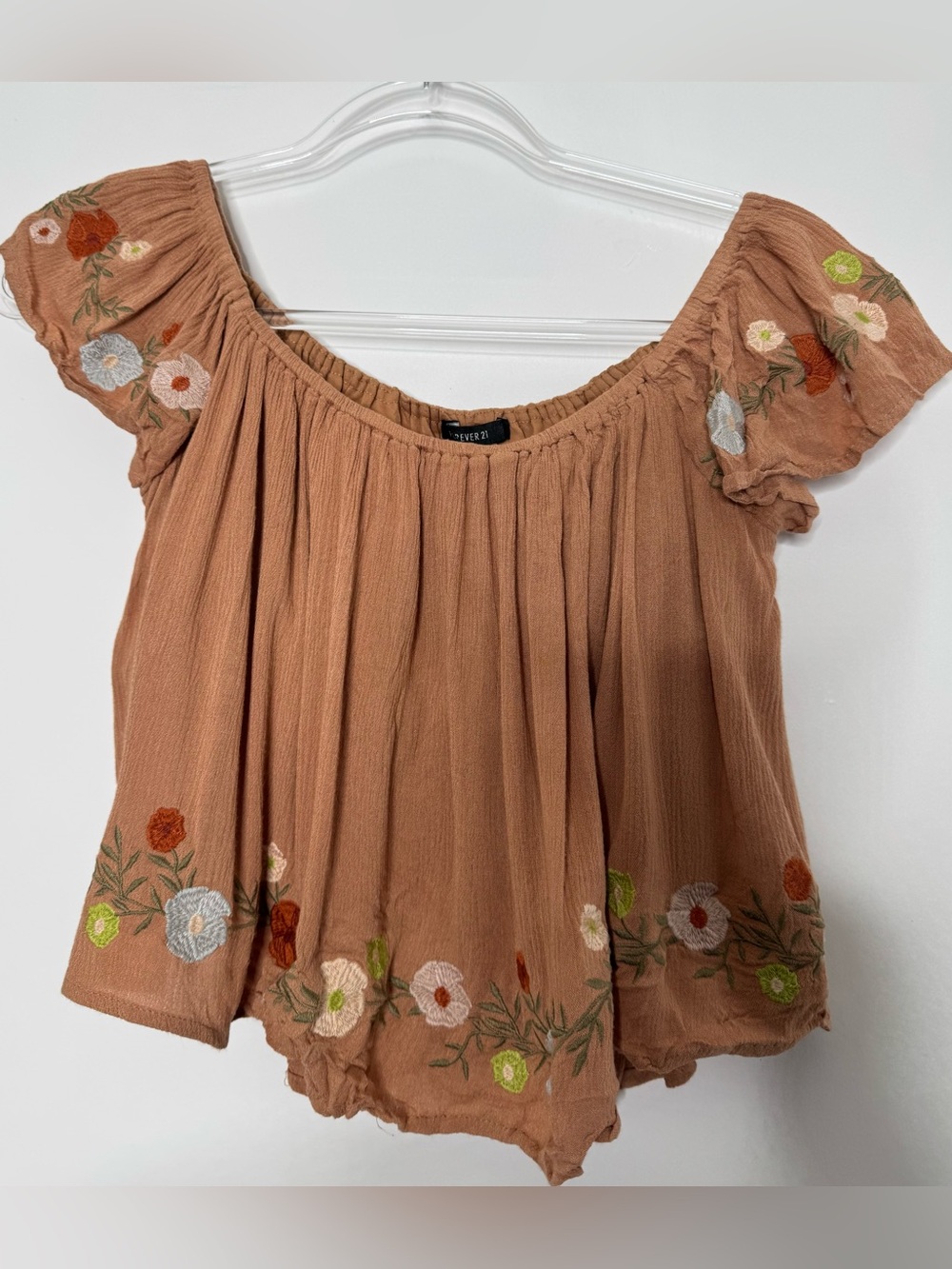 Forever 21 Rust Floral Embroidered Off-Shoulder Crop Top size small flowy